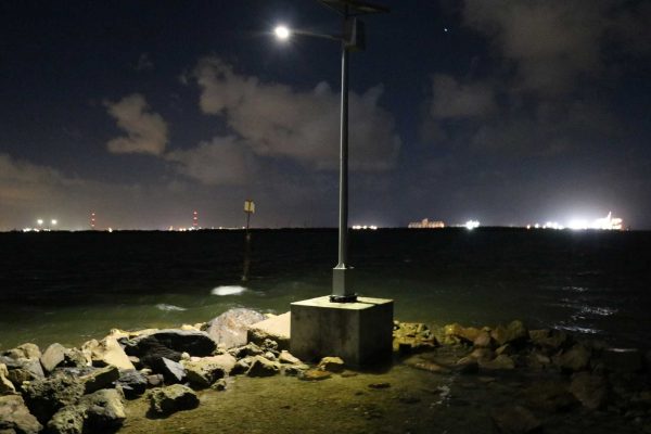 temporary solar lighting on portable block - rock jetty St. Kilda SA